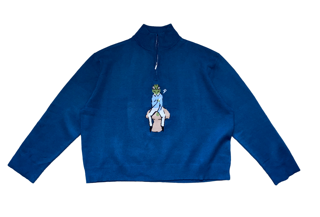 Blue Knit Qtr-Zip Frog Sweater