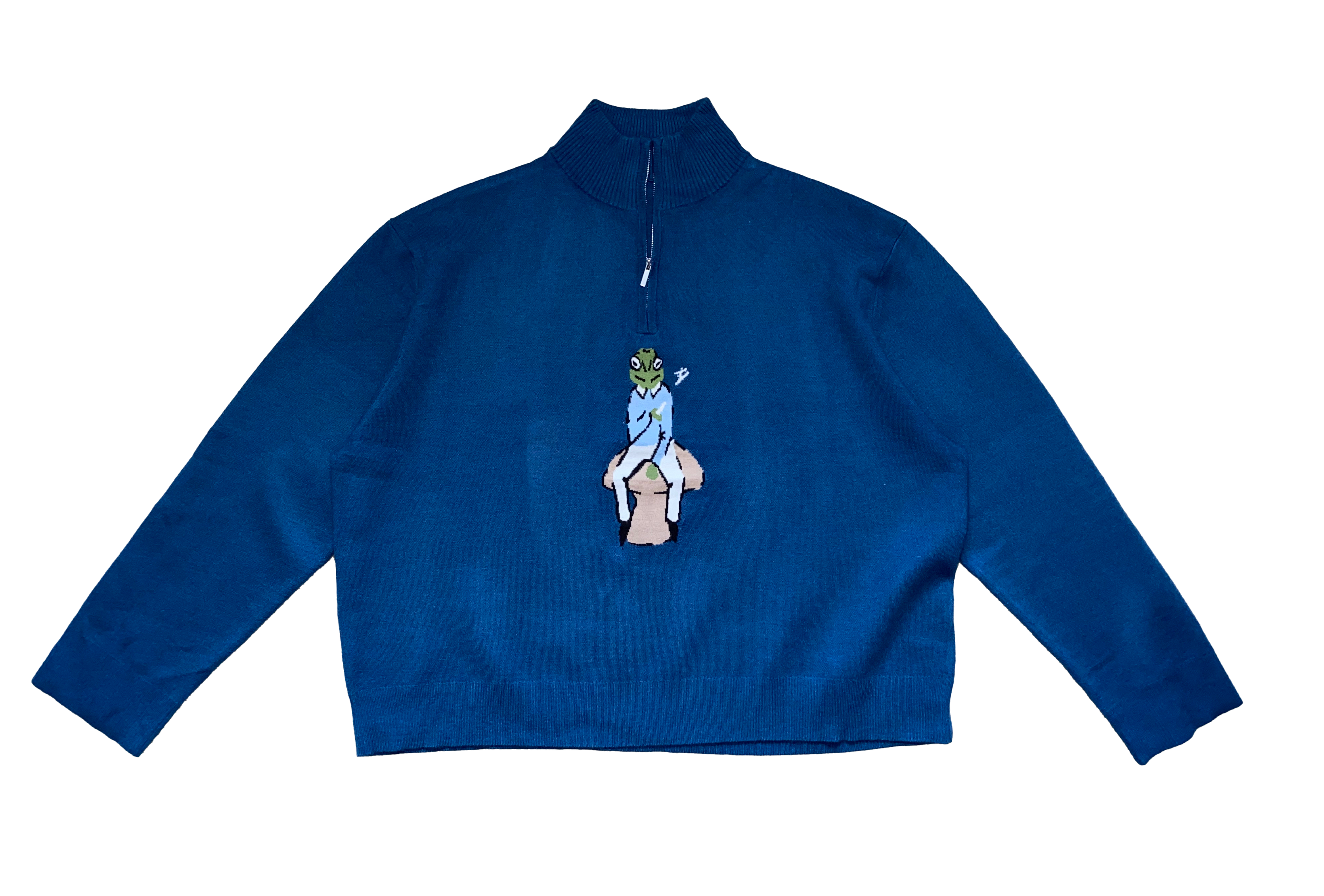 Blue Knit Qtr-Zip Frog Sweater